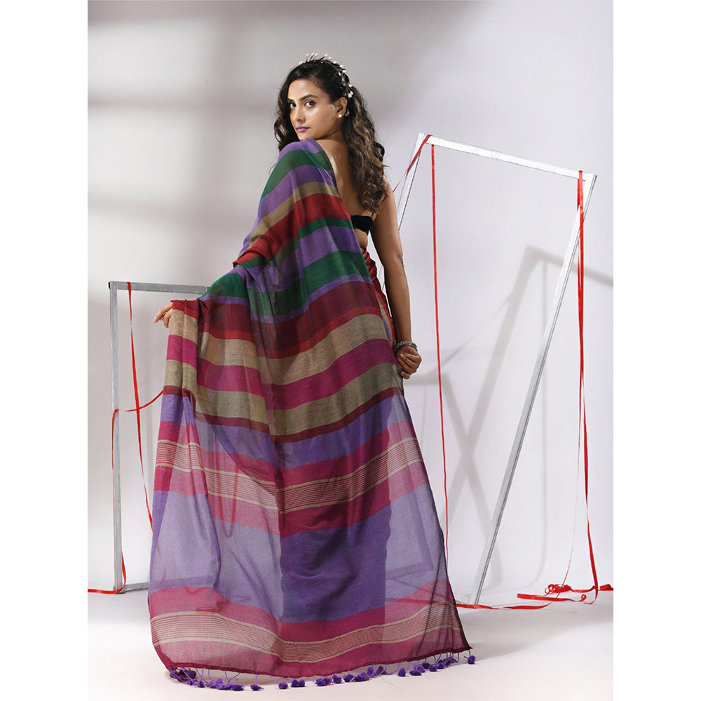 CHARUKRITI Multicolor Cotton Stripes Design Saree with Unstitched Blouse