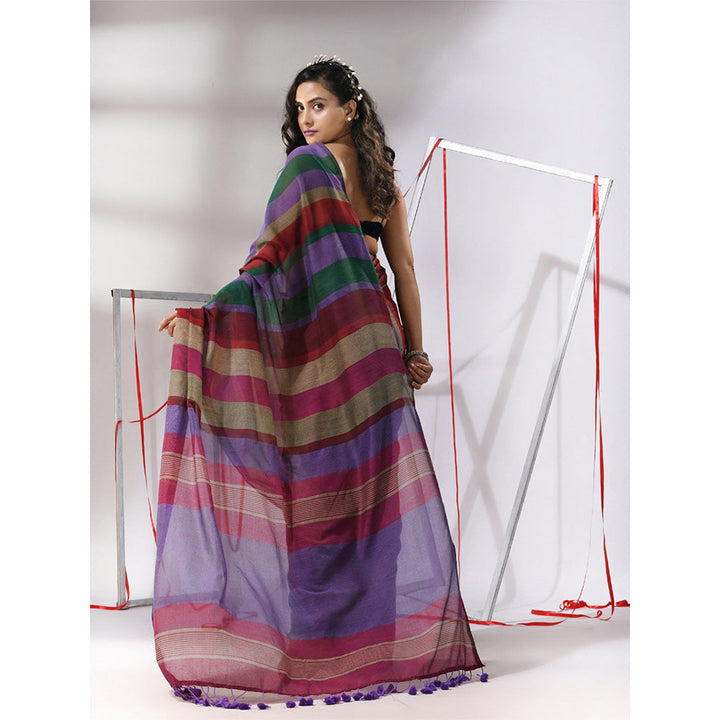 CHARUKRITI Multicolor Cotton Stripes Design Saree with Unstitched Blouse