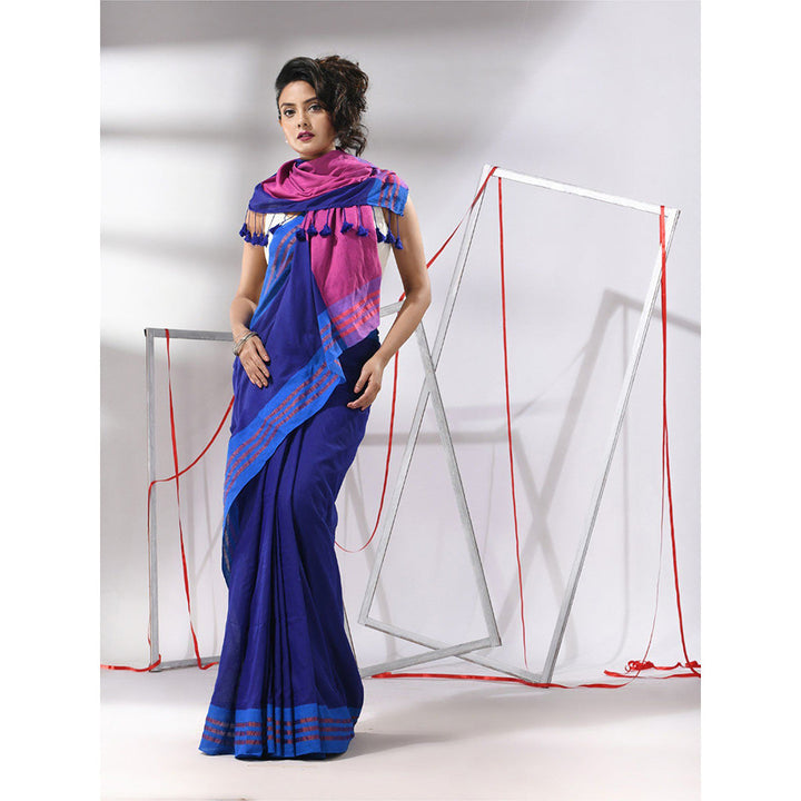 CHARUKRITI Blue Cotton Zari Stripe Border Saree with Unstitched Blouse