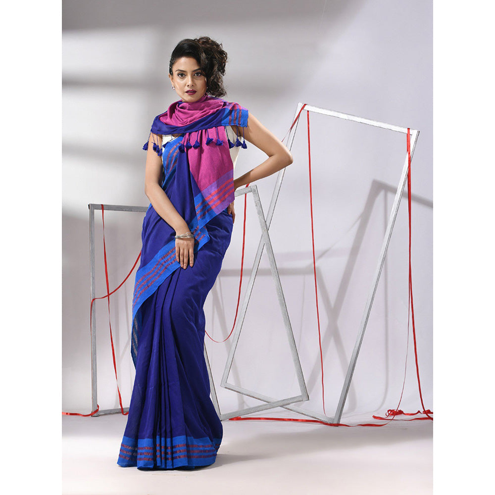 CHARUKRITI Blue Cotton Zari Stripe Border Saree with Unstitched Blouse