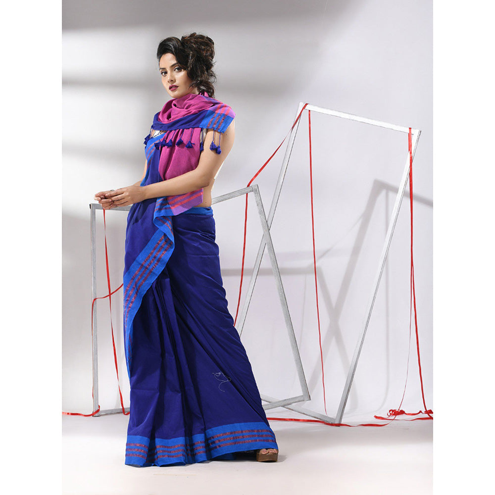 CHARUKRITI Blue Cotton Zari Stripe Border Saree with Unstitched Blouse