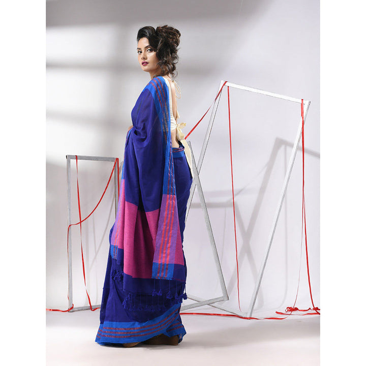 CHARUKRITI Blue Cotton Zari Stripe Border Saree with Unstitched Blouse