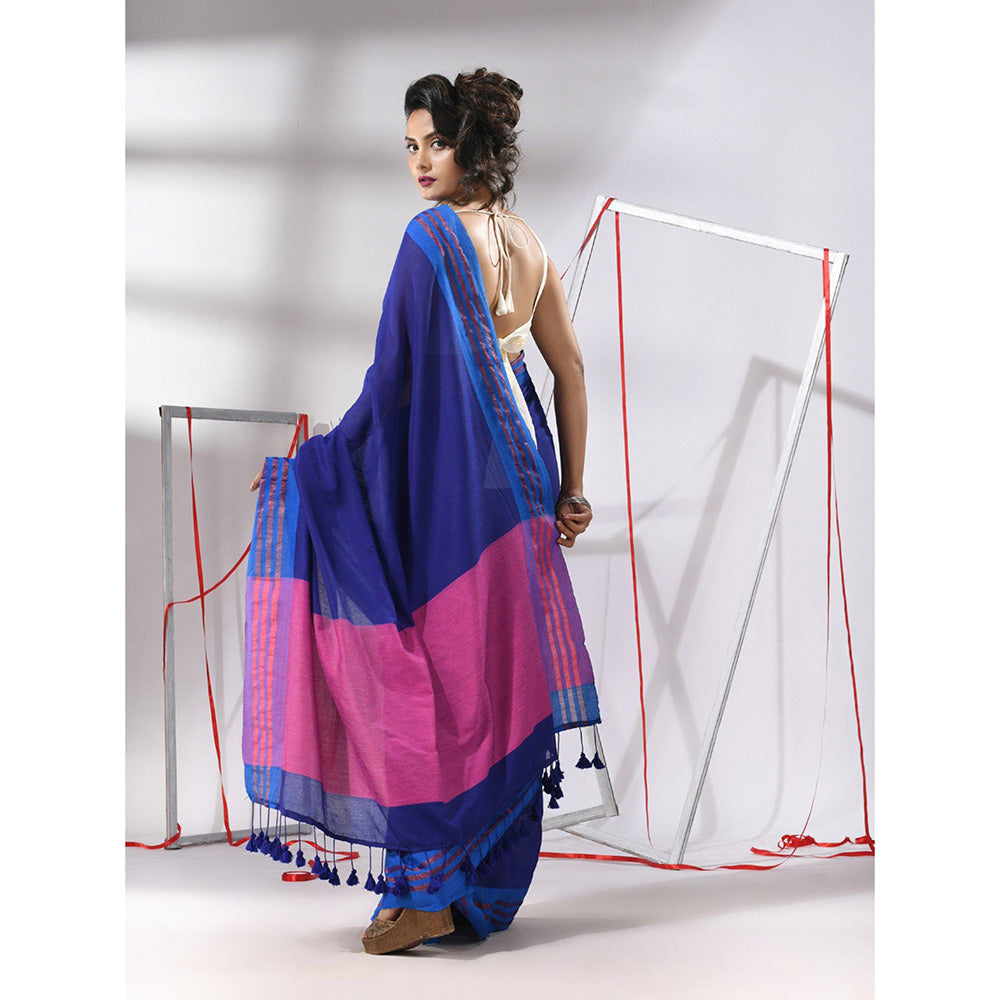 CHARUKRITI Blue Cotton Zari Stripe Border Saree with Unstitched Blouse