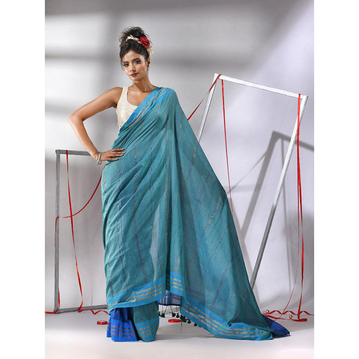 CHARUKRITI Teal Blue Patli Pallu Cotton Stripes Design Saree with Unstitched Blouse