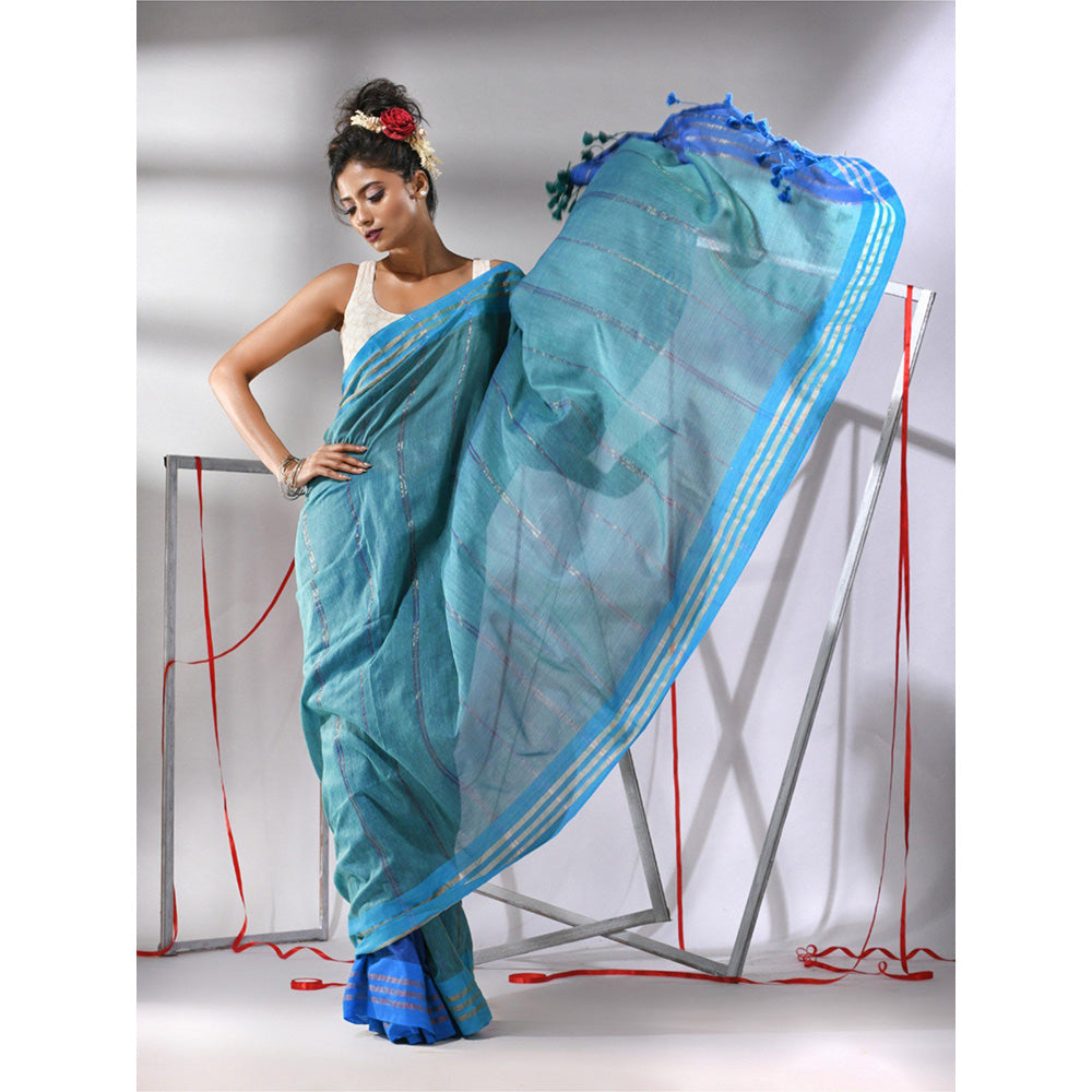 CHARUKRITI Teal Blue Patli Pallu Cotton Stripes Design Saree with Unstitched Blouse