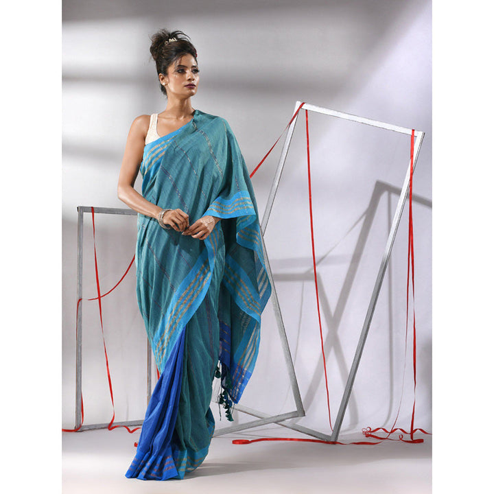 CHARUKRITI Teal Blue Patli Pallu Cotton Stripes Design Saree with Unstitched Blouse