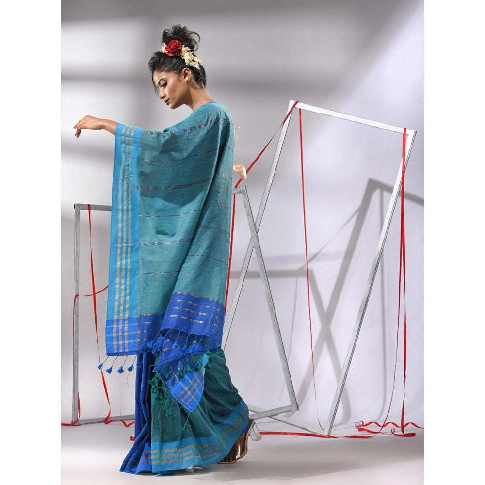 CHARUKRITI Teal Blue Patli Pallu Cotton Stripes Design Saree with Unstitched Blouse