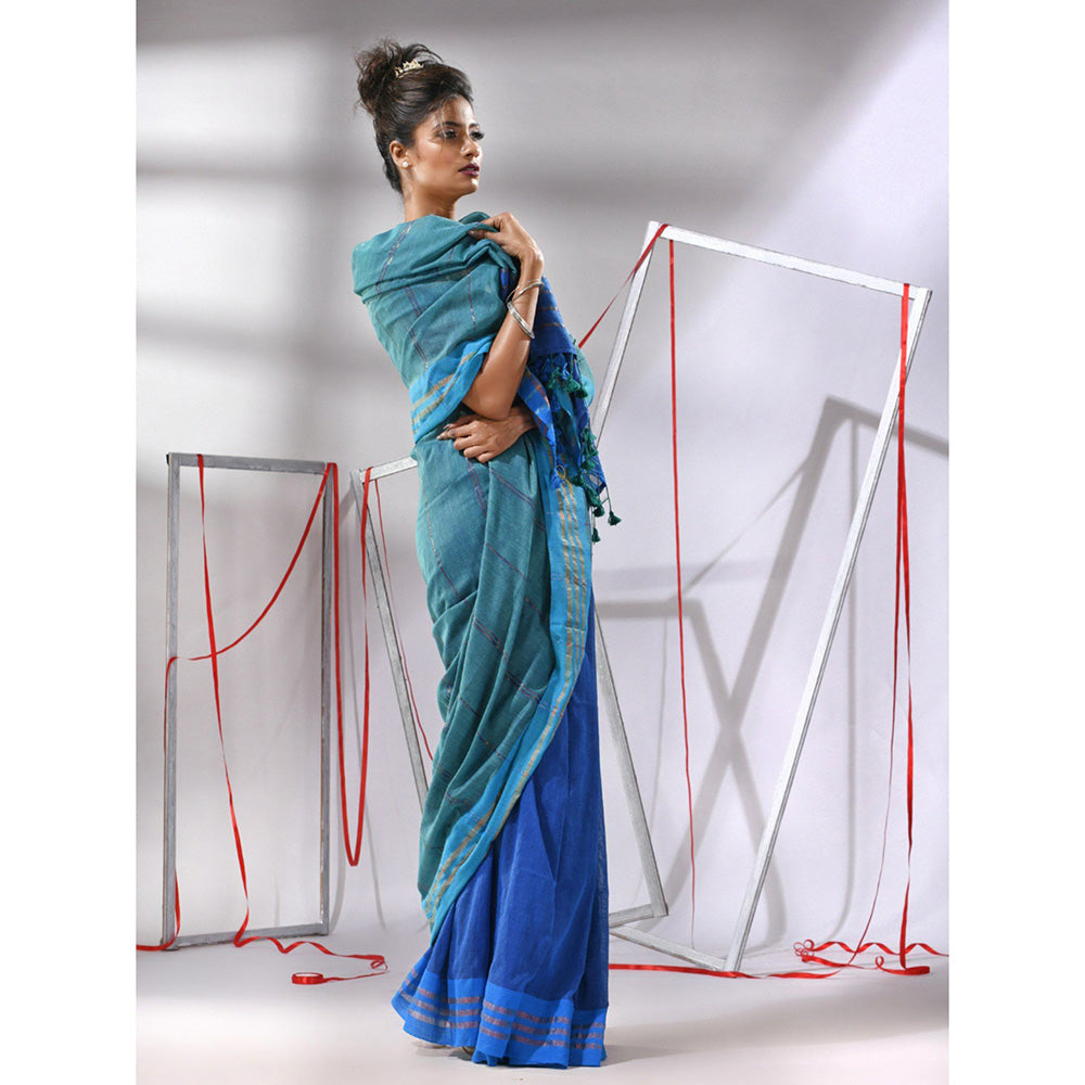 CHARUKRITI Teal Blue Patli Pallu Cotton Stripes Design Saree with Unstitched Blouse