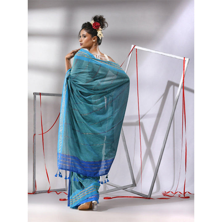 CHARUKRITI Teal Blue Patli Pallu Cotton Stripes Design Saree with Unstitched Blouse