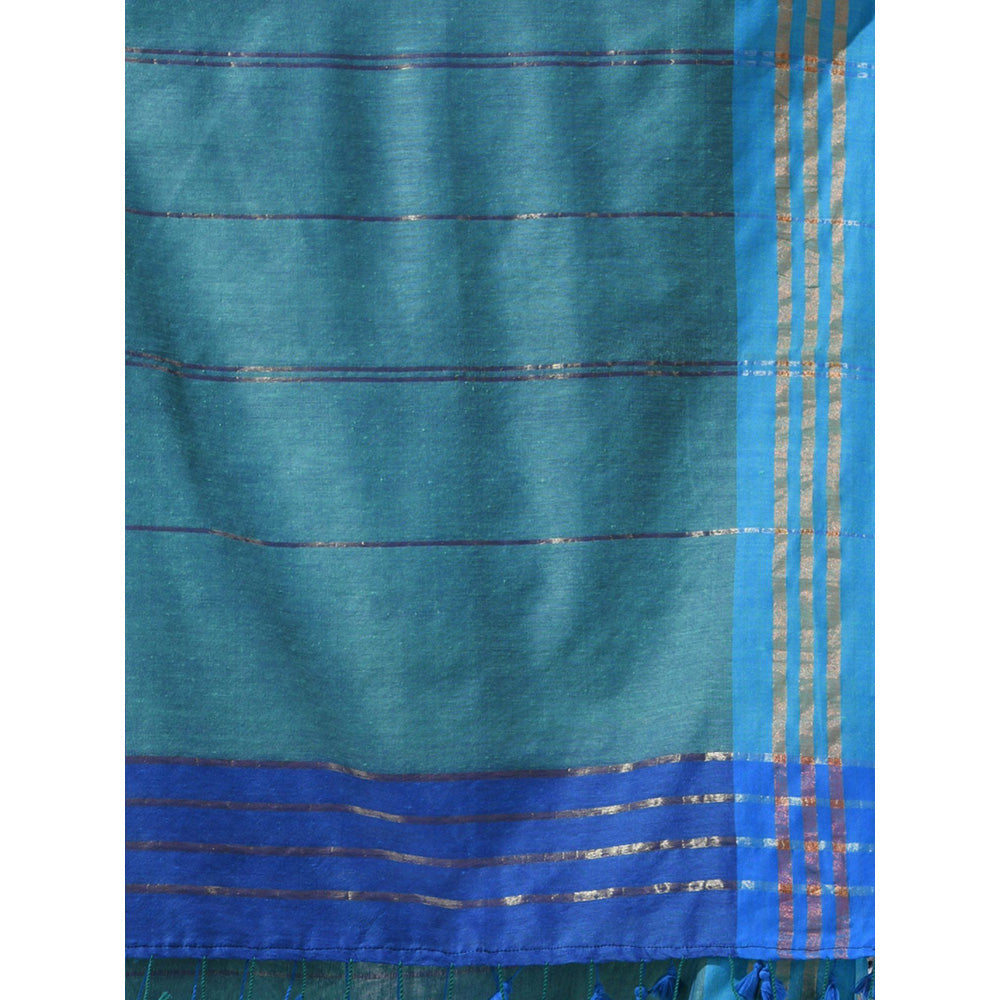 CHARUKRITI Teal Blue Patli Pallu Cotton Stripes Design Saree with Unstitched Blouse