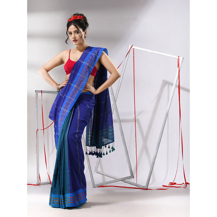 CHARUKRITI Blue Patli Pallu Cotton Zari Stripes Design Saree with Unstitched Blouse