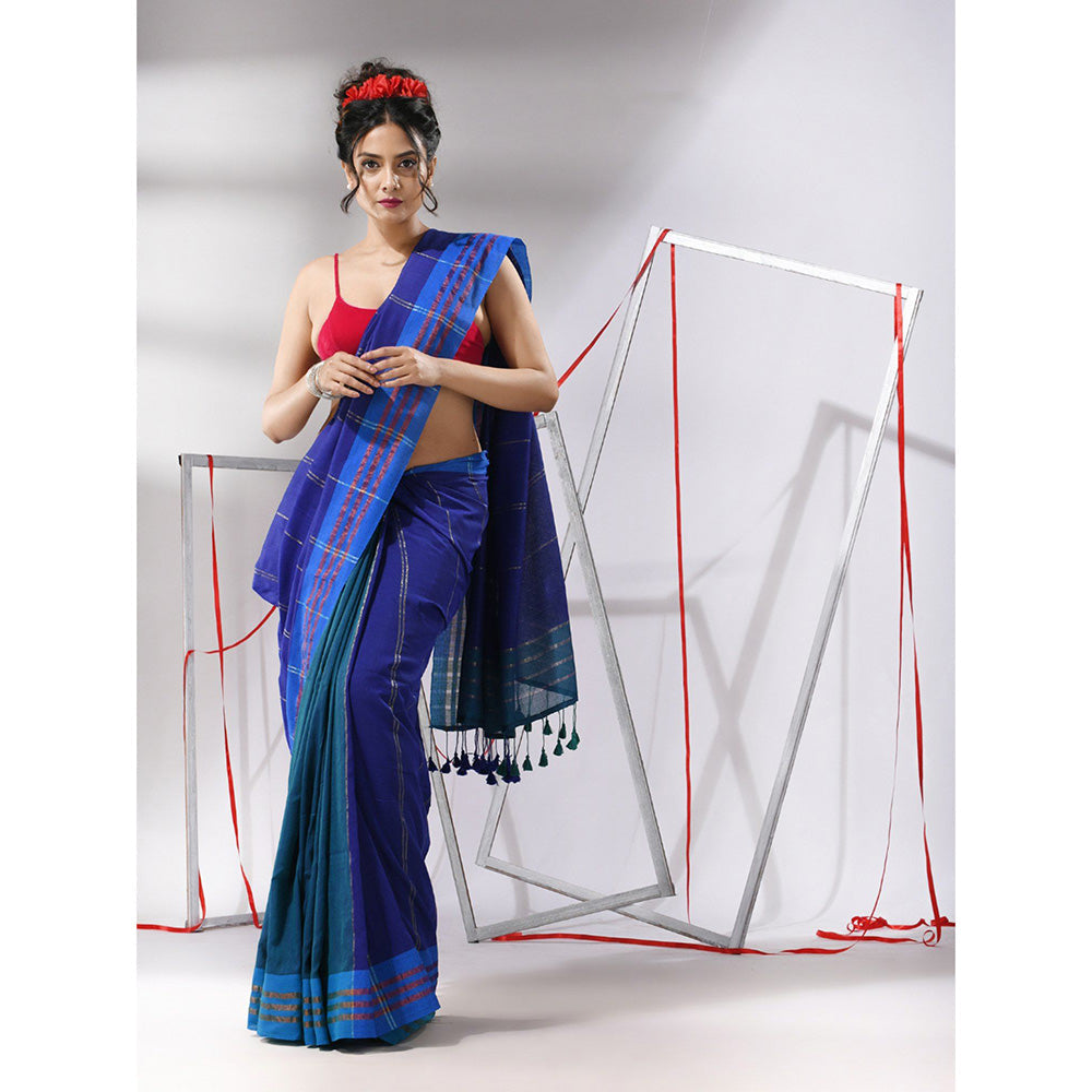 CHARUKRITI Blue Patli Pallu Cotton Zari Stripes Design Saree with Unstitched Blouse