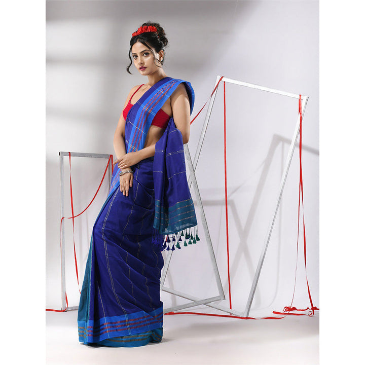 CHARUKRITI Blue Patli Pallu Cotton Zari Stripes Design Saree with Unstitched Blouse