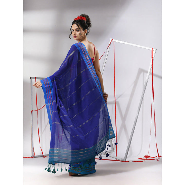 CHARUKRITI Blue Patli Pallu Cotton Zari Stripes Design Saree with Unstitched Blouse