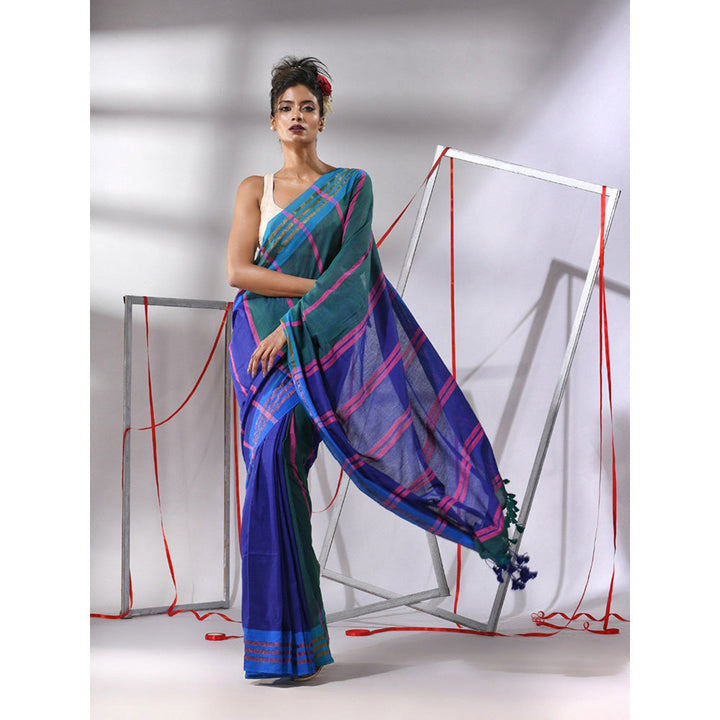 CHARUKRITI Blue Cotton Stripes Design Saree with Unstitched Blouse