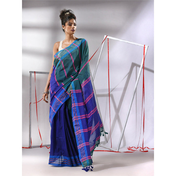 CHARUKRITI Blue Cotton Stripes Design Saree with Unstitched Blouse