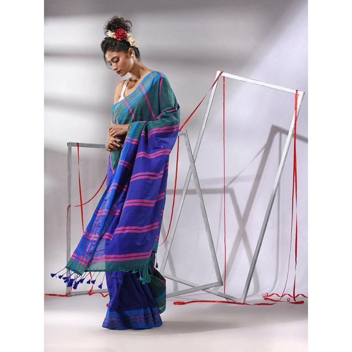 CHARUKRITI Blue Cotton Stripes Design Saree with Unstitched Blouse