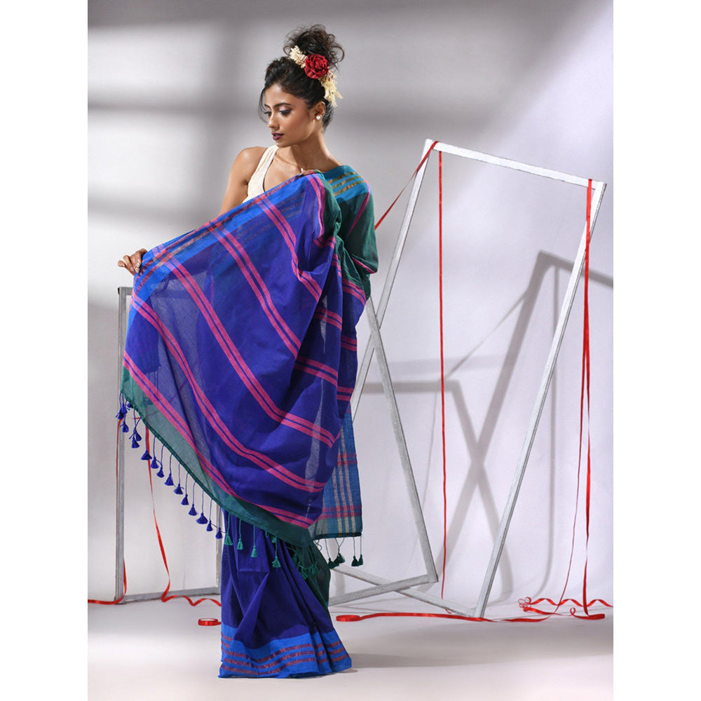 CHARUKRITI Blue Cotton Stripes Design Saree with Unstitched Blouse