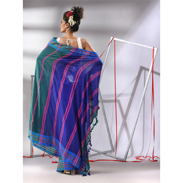 CHARUKRITI Blue Cotton Stripes Design Saree with Unstitched Blouse