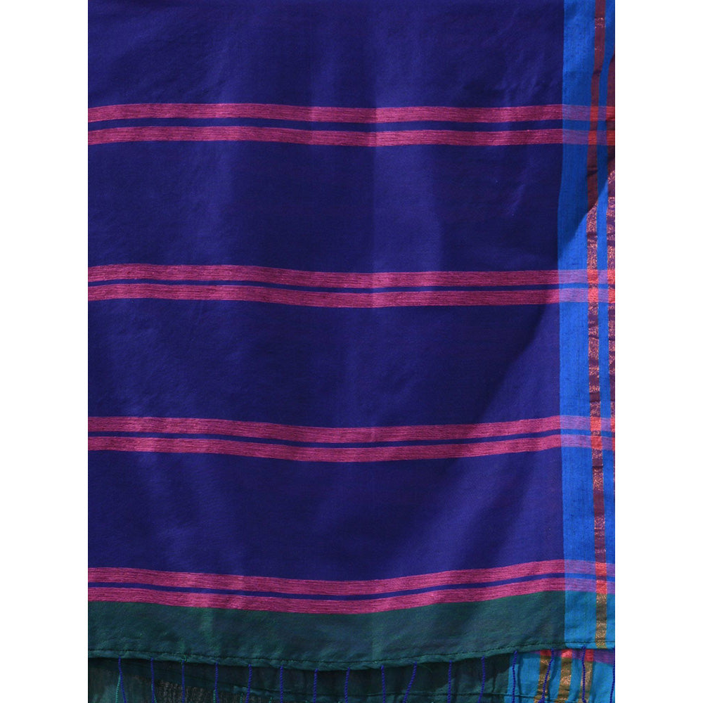 CHARUKRITI Blue Cotton Stripes Design Saree with Unstitched Blouse