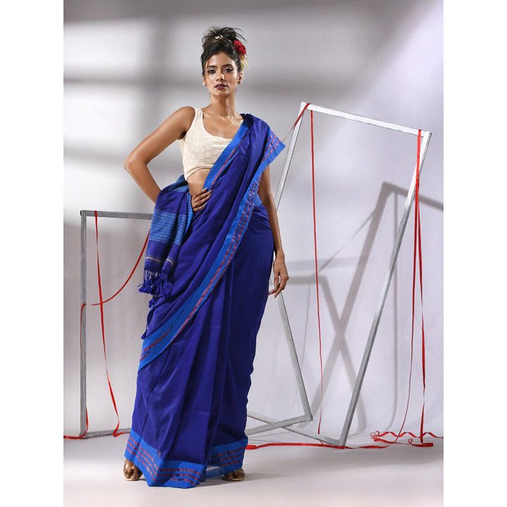 CHARUKRITI Blue Cotton Stripes Pallu Saree with Unstitched Blouse