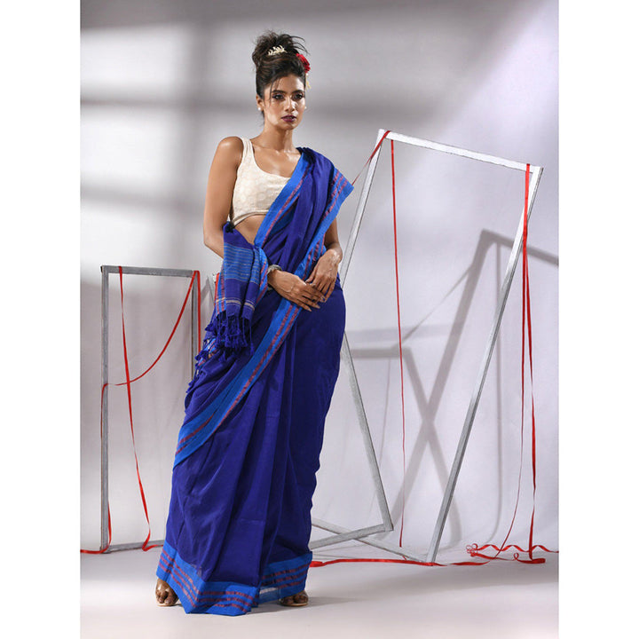 CHARUKRITI Blue Cotton Stripes Pallu Saree with Unstitched Blouse