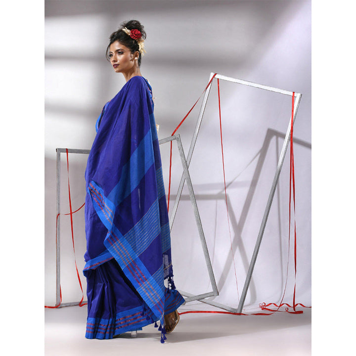 CHARUKRITI Blue Cotton Stripes Pallu Saree with Unstitched Blouse