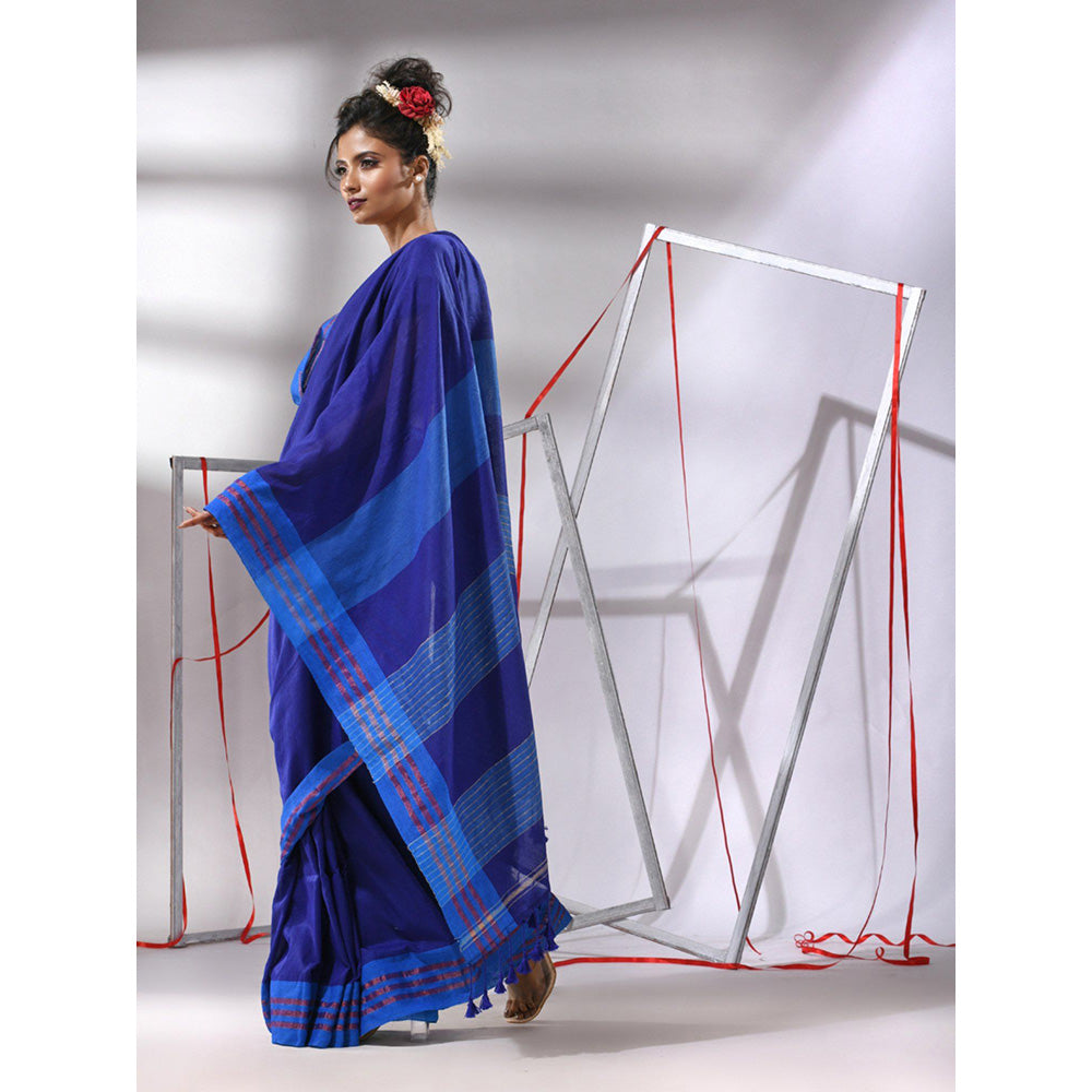 CHARUKRITI Blue Cotton Stripes Pallu Saree with Unstitched Blouse