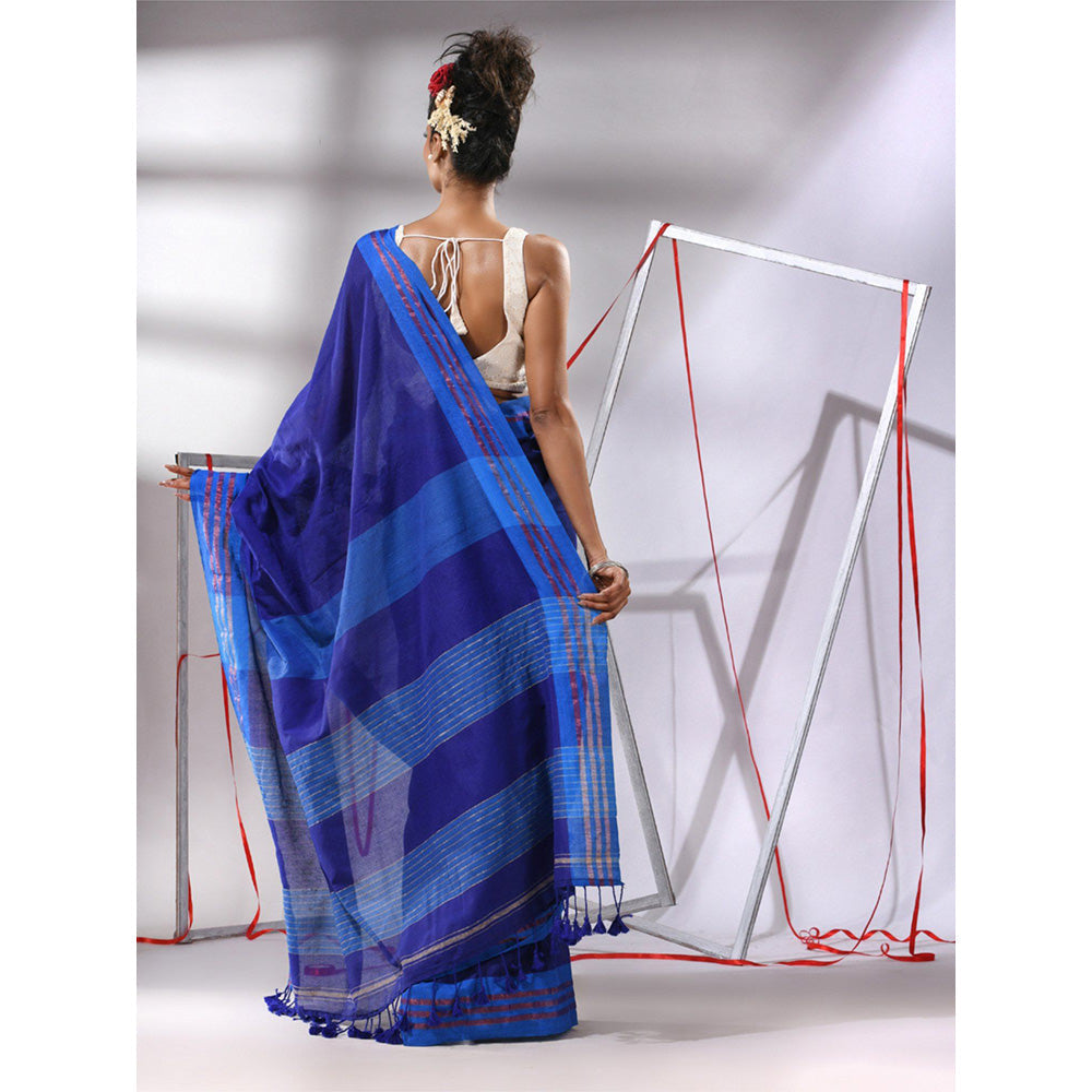 CHARUKRITI Blue Cotton Stripes Pallu Saree with Unstitched Blouse