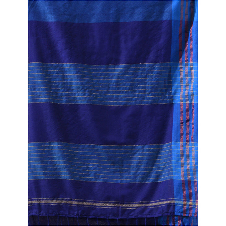 CHARUKRITI Blue Cotton Stripes Pallu Saree with Unstitched Blouse