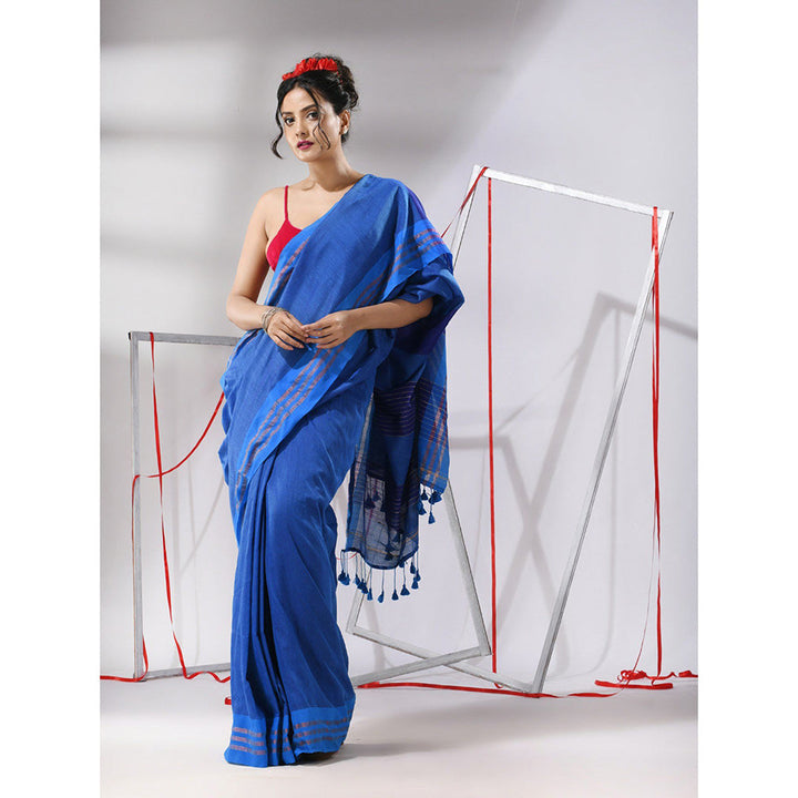 CHARUKRITI Sapphire Blue Cotton Zari Stripes Pallu Saree with Unstitched Blouse