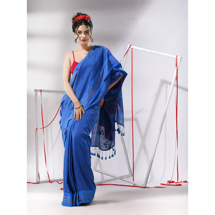 CHARUKRITI Sapphire Blue Cotton Zari Stripes Pallu Saree with Unstitched Blouse