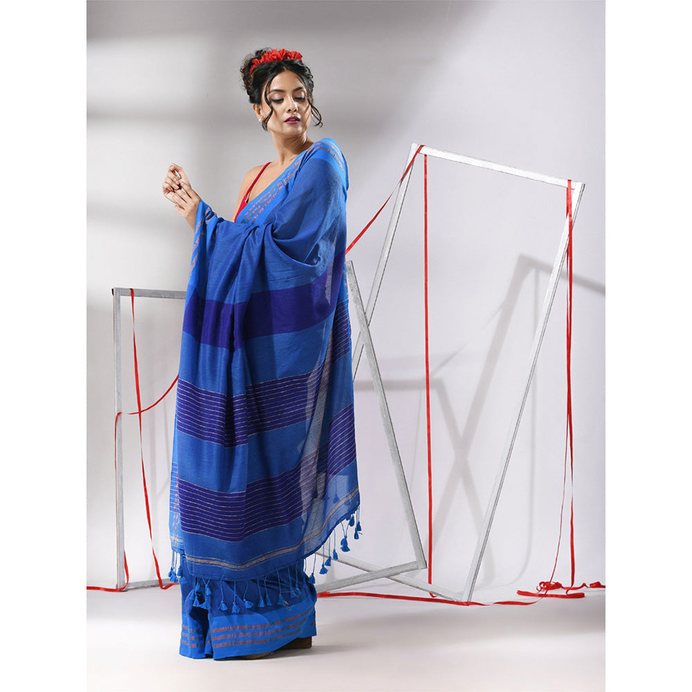 CHARUKRITI Sapphire Blue Cotton Zari Stripes Pallu Saree with Unstitched Blouse