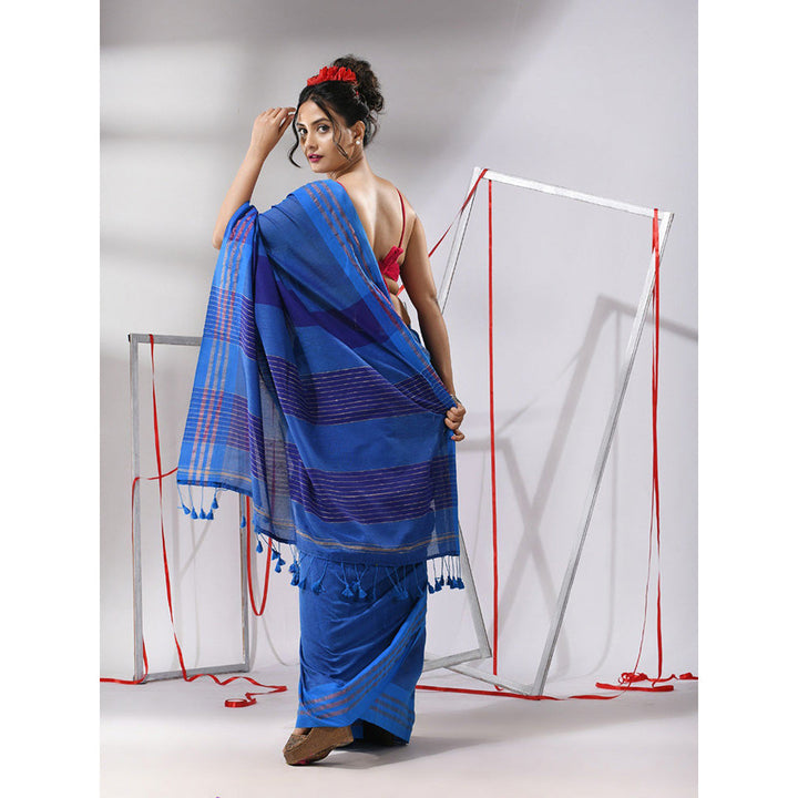 CHARUKRITI Sapphire Blue Cotton Zari Stripes Pallu Saree with Unstitched Blouse