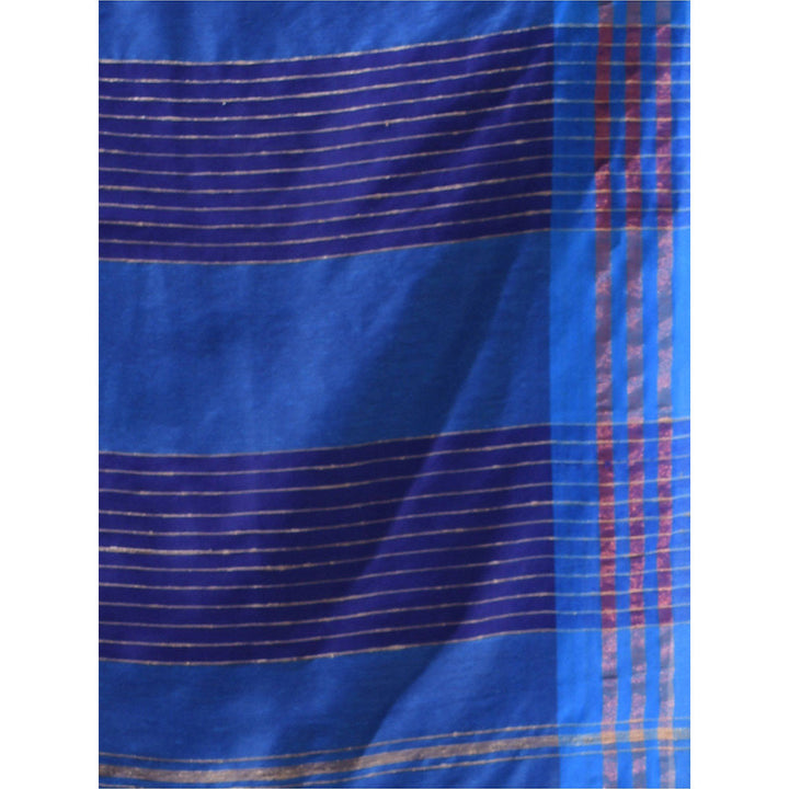 CHARUKRITI Sapphire Blue Cotton Zari Stripes Pallu Saree with Unstitched Blouse