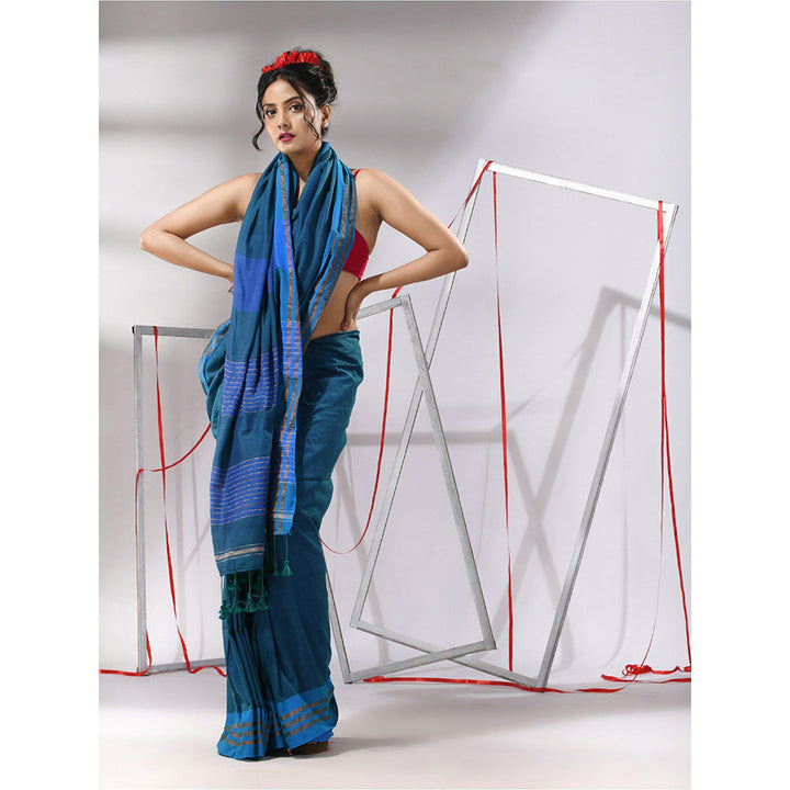 CHARUKRITI Peacock Blue Cotton Zari Stripes Pallu Saree with Unstitched Blouse