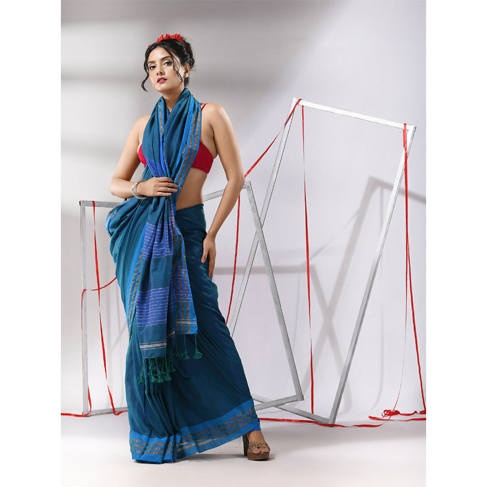 CHARUKRITI Peacock Blue Cotton Zari Stripes Pallu Saree with Unstitched Blouse