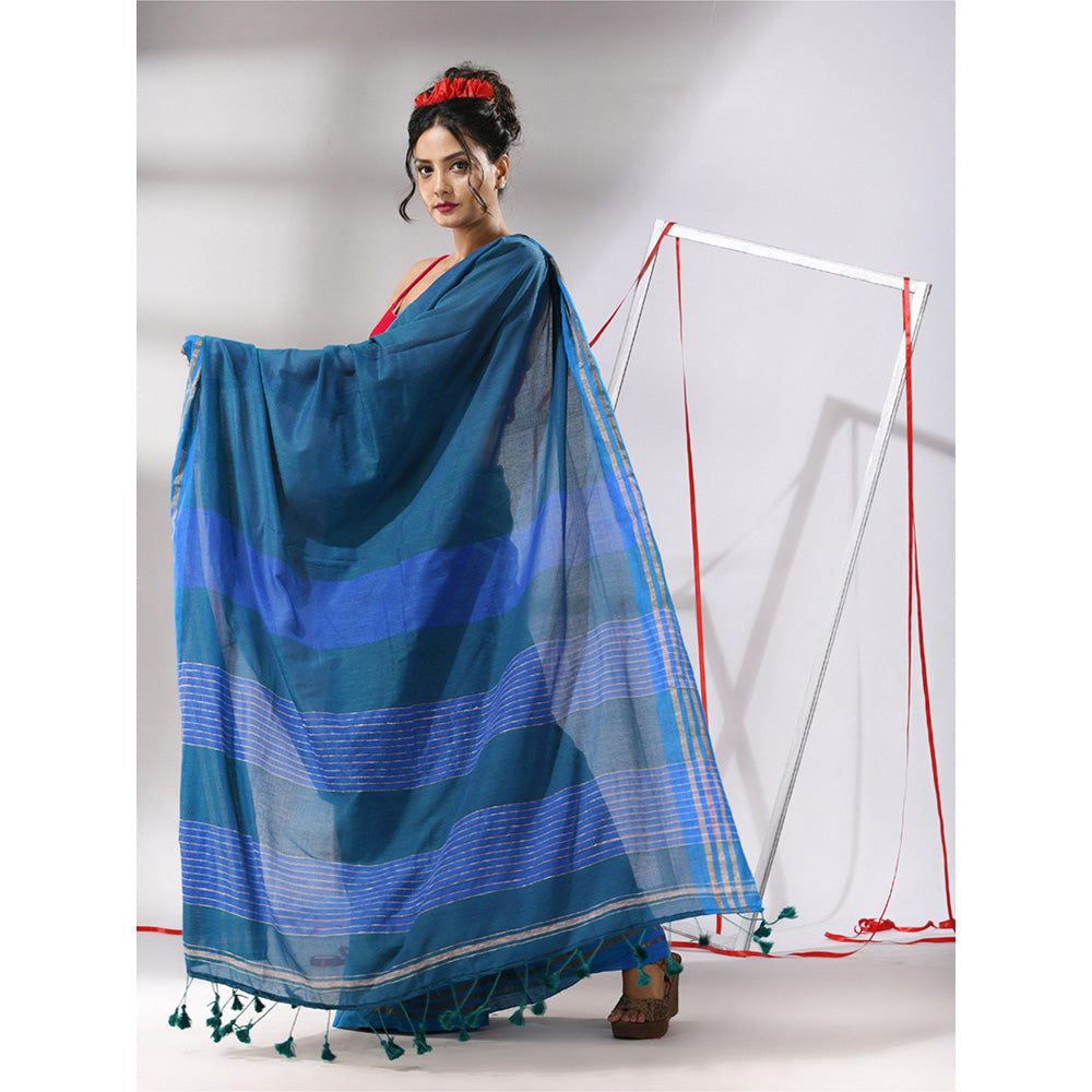 CHARUKRITI Peacock Blue Cotton Zari Stripes Pallu Saree with Unstitched Blouse