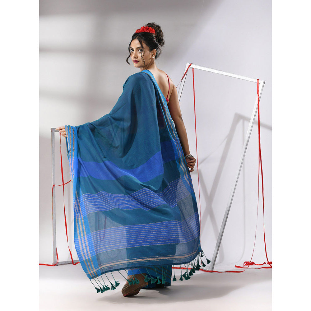 CHARUKRITI Peacock Blue Cotton Zari Stripes Pallu Saree with Unstitched Blouse