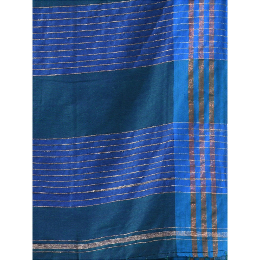 CHARUKRITI Peacock Blue Cotton Zari Stripes Pallu Saree with Unstitched Blouse