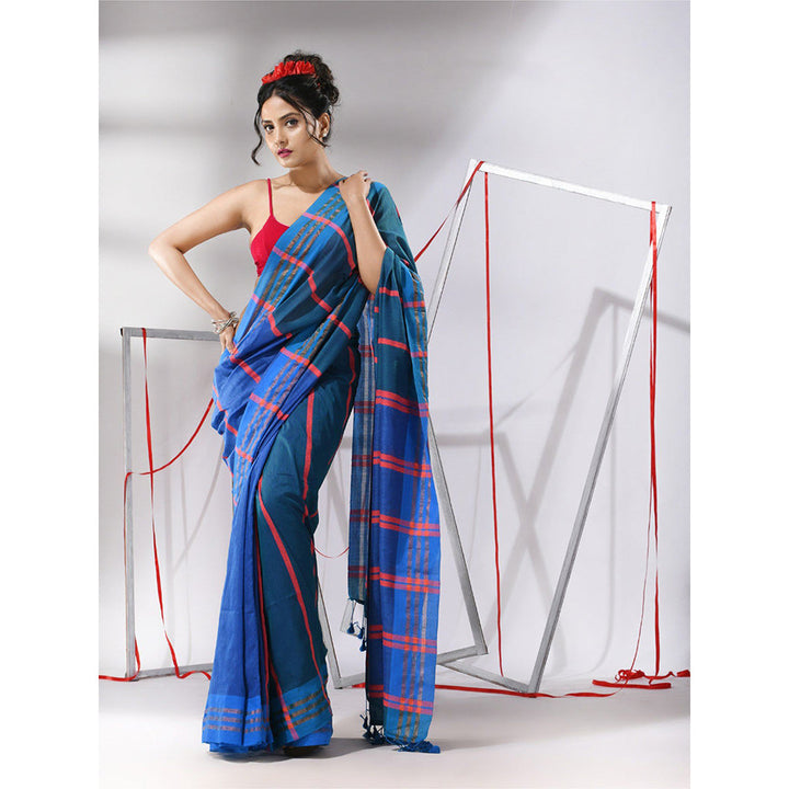 CHARUKRITI Teal Blue Cotton Patli Pallu Stripe Designs Saree with Unstitched Blouse