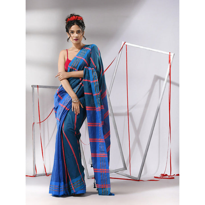 CHARUKRITI Teal Blue Cotton Patli Pallu Stripe Designs Saree with Unstitched Blouse