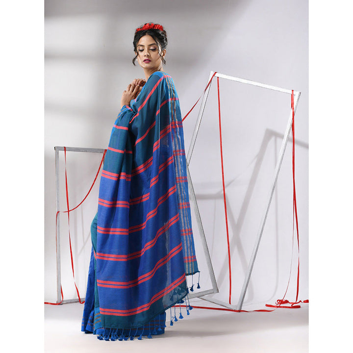 CHARUKRITI Teal Blue Cotton Patli Pallu Stripe Designs Saree with Unstitched Blouse