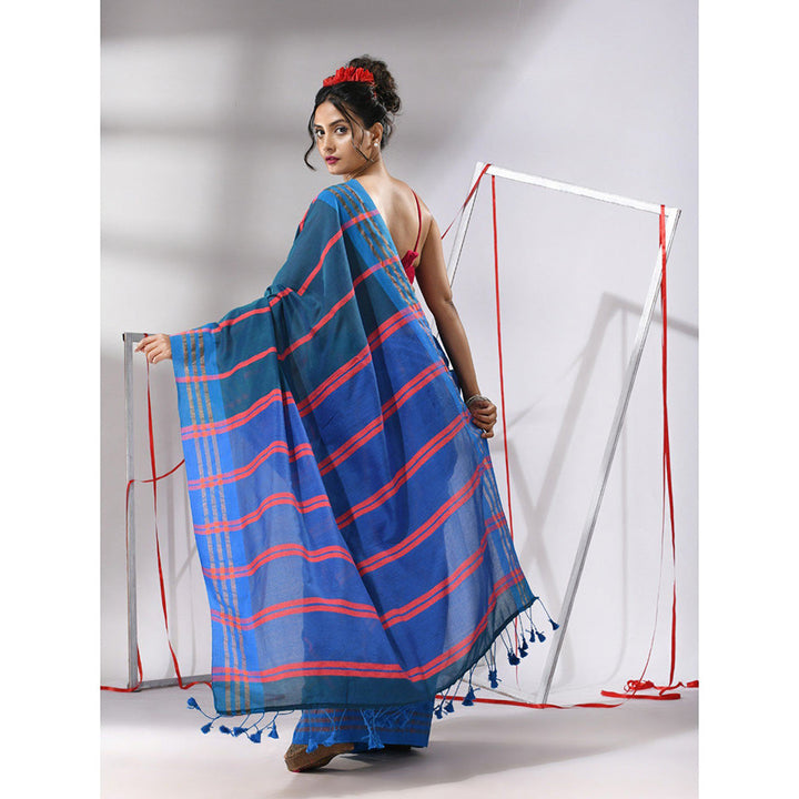 CHARUKRITI Teal Blue Cotton Patli Pallu Stripe Designs Saree with Unstitched Blouse