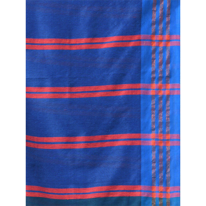 CHARUKRITI Teal Blue Cotton Patli Pallu Stripe Designs Saree with Unstitched Blouse