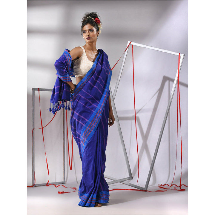 CHARUKRITI Navy Blue Cotton Stripes Design Saree with Unstitched Blouse