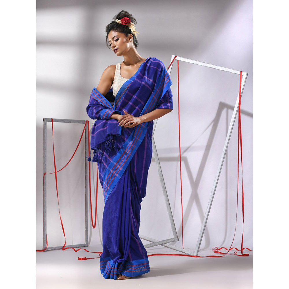 CHARUKRITI Navy Blue Cotton Stripes Design Saree with Unstitched Blouse