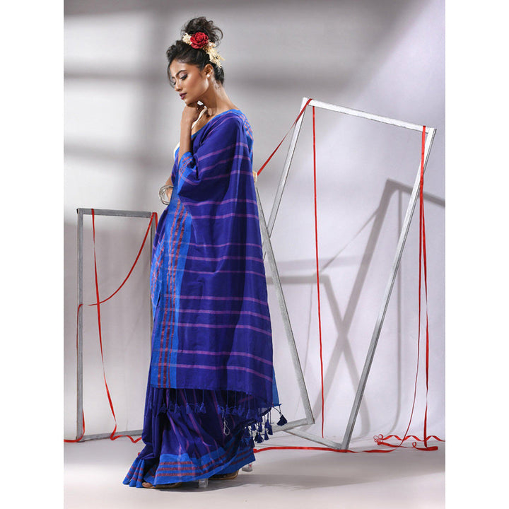 CHARUKRITI Navy Blue Cotton Stripes Design Saree with Unstitched Blouse