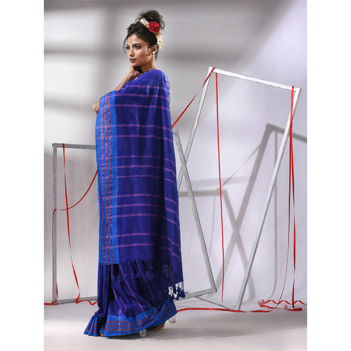 CHARUKRITI Navy Blue Cotton Stripes Design Saree with Unstitched Blouse