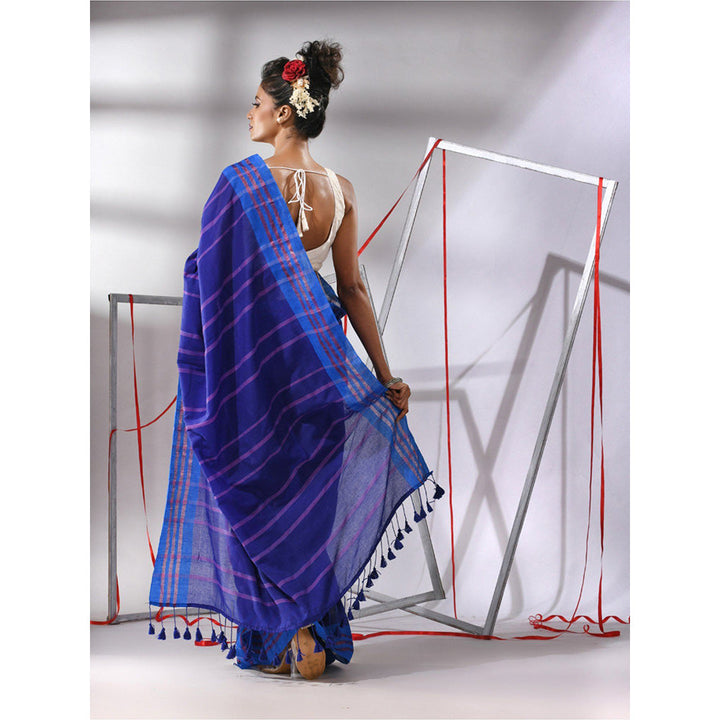 CHARUKRITI Navy Blue Cotton Stripes Design Saree with Unstitched Blouse